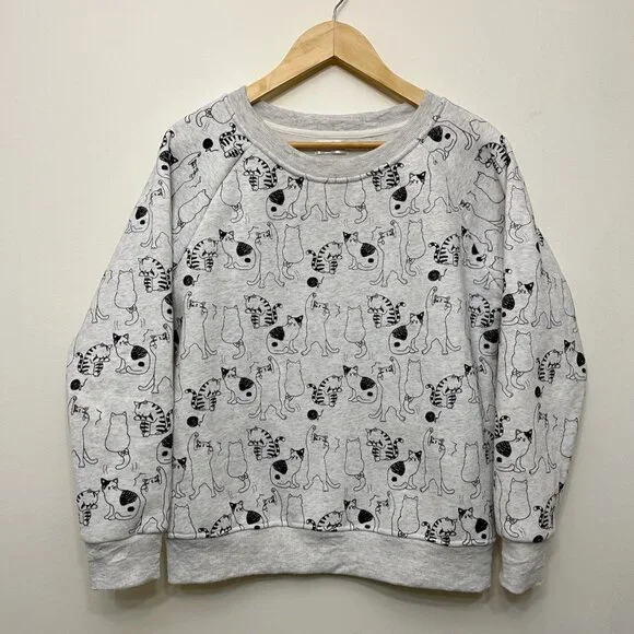 LA Soul Pale Heathered Gray Playful Cat Print Pullover Sweatshirt, Medium - Picture 1 of 4